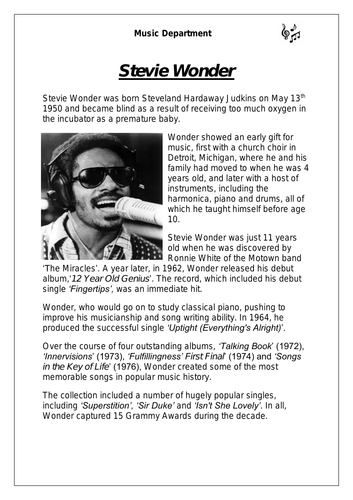 KS3 Music Cover Resource - Stevie Wonder