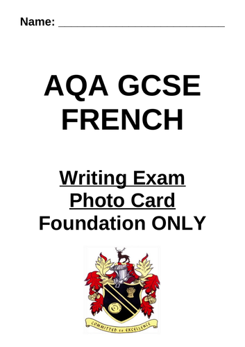 AQA GCSE French Photo Card Writing Booklet Foundation Paper