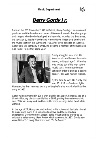 KS3 Music Cover Resource - Berry Gordy