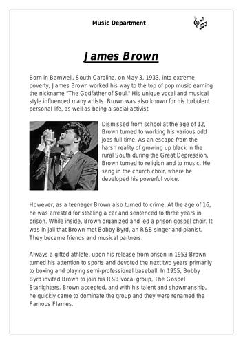 KS3 Music Cover Resource - James Brown