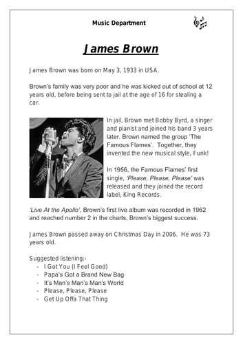 KS3 Music Cover Resource - James Brown (differentiated version)
