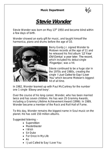 KS3 Music Cover Resource - Stevie Wonder (differentiated version)