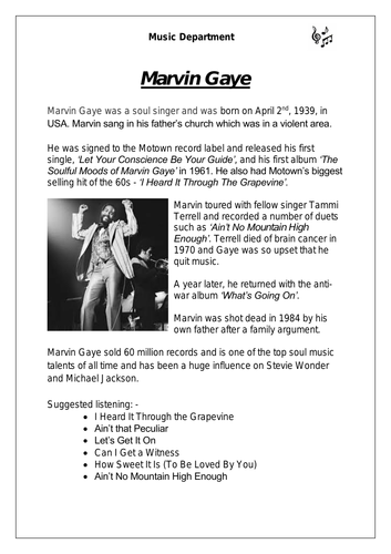 KS3 Music Cover Resource - Marvin Gaye (differentiated version)