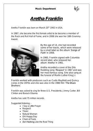 KS3 Music Cover Resource - Aretha Franklin (differentiated version)