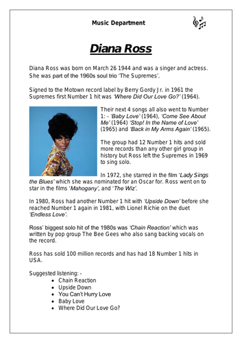 KS3 Music Cover Resource - Diana Ross (differentiated version)