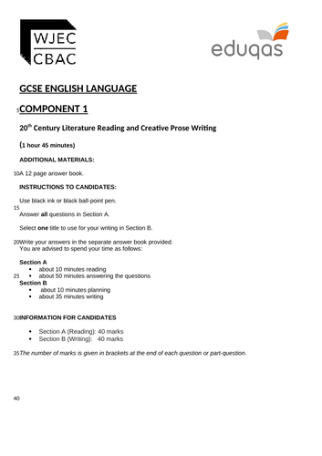 Eduqas GCSE English Language Component 1 Practice Examination Paper (20th Century Literature R