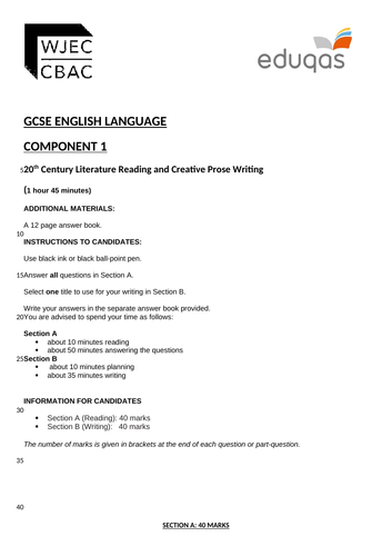 Eduqas GCSE English Language Component 1 Practice Examination Paper (20th Century Literature Reading