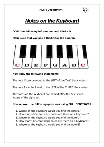 Ks3 Music - Notes on the Keyboard Worksheet
