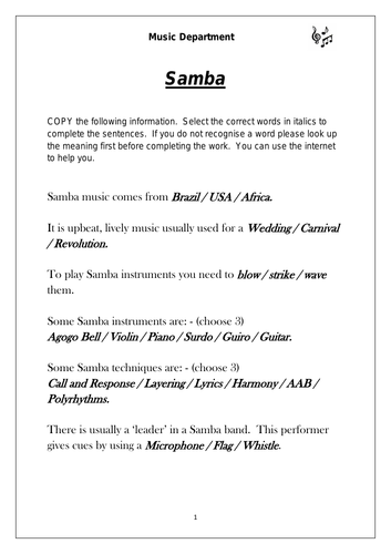 KS3 Samba Worksheet(differentiated for lower sets)