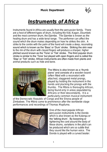 KS3 Music - Instruments of Africa Worksheet