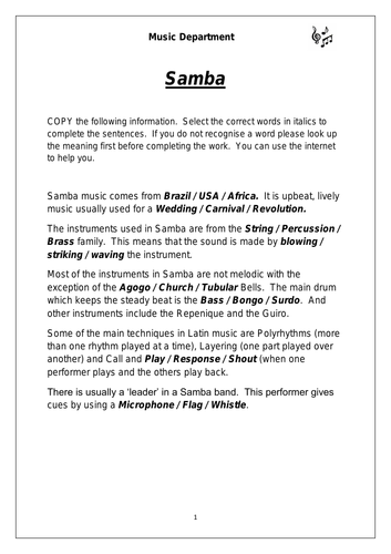 KS3 Music - Samba Worksheet