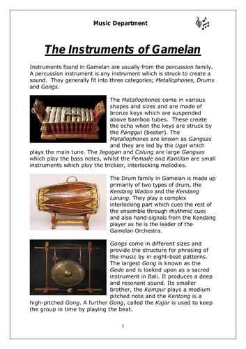KS3 Music - Gamelan Instruments Worksheet