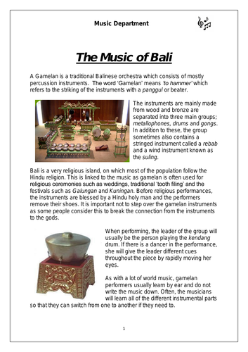 KS3 Music - The Music of Bali Worksheet