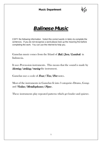KS3 Music - Balinese Music Worksheet (differentiated for lower sets)
