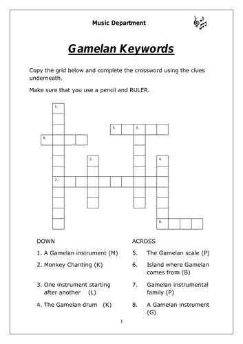 KS3 Music - Gamelan Keywords Crossword (differentiated for lower sets)