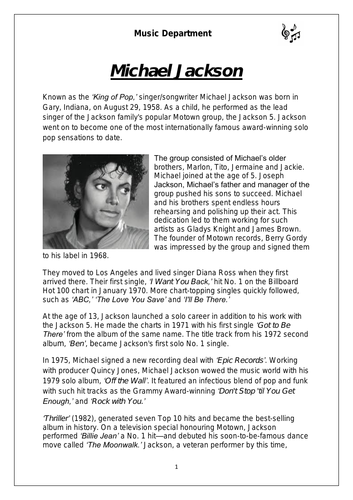 KS3 Music Cover Resource - Michael Jackson