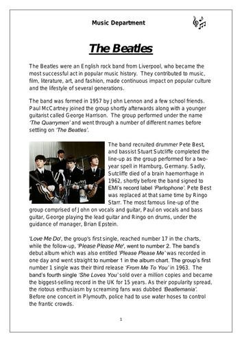 KS3 Music Cover Resource - The Beatles