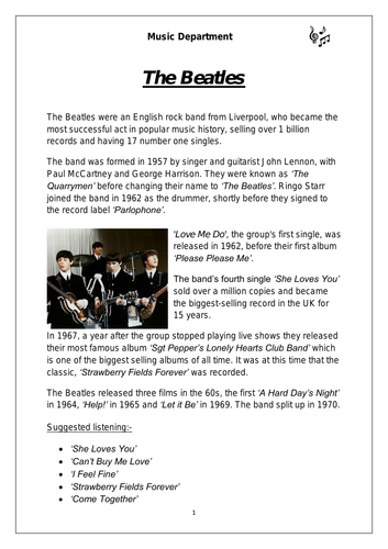 KS3 Music Cover Resource - The Beatles (differentiated for lower sets)