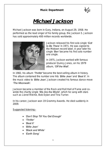 KS3 Music Cover Resource - Michael Jackson (differentiated for lower sets)