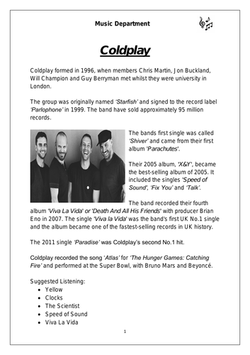KS3 Music Cover Resource - Coldplay (differentiated for lower sets)