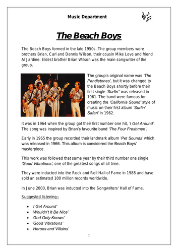 KS3 Music Cover Resource - Beach Boys (differentiated for lower sets)