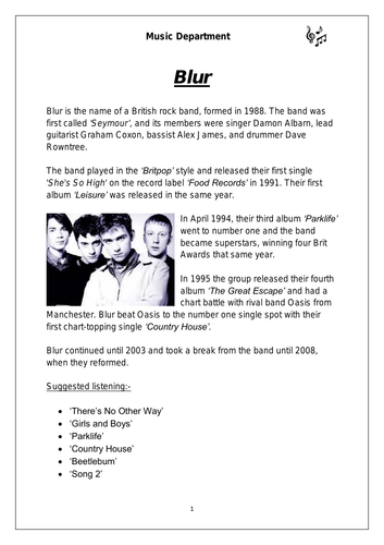 KS3 Music Cover Resource - Blur (differentiated for lower sets)