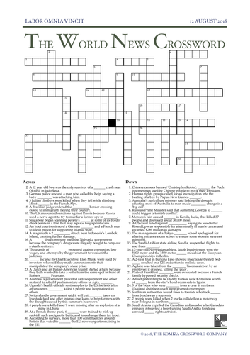 The World News Crossword - August 12th, 2018