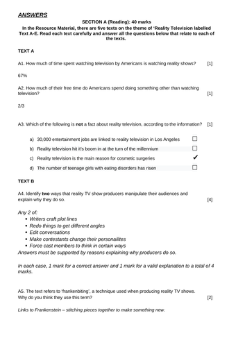 WJEC English Language Unit 3 Section A (Reading) Mock Paper & Answers - Reality TV