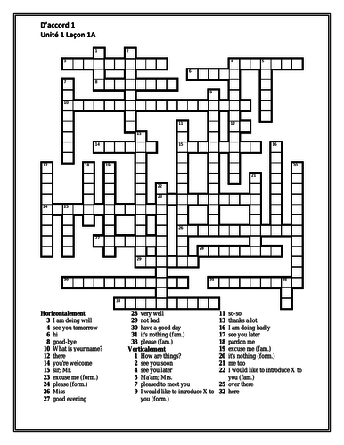 D'accord 1 Unité 1 Leçon A Crossword