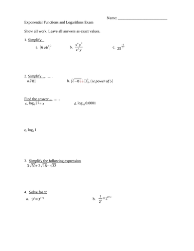 Exponential and Logarithms Review Test