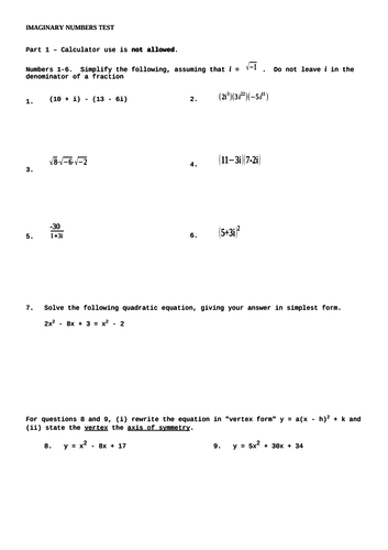 Advanced Algebra (Inclusive of Imaginary Numbers) | Teaching Resources