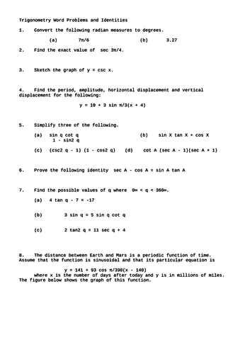 Trigonometry Word Problems and Identities