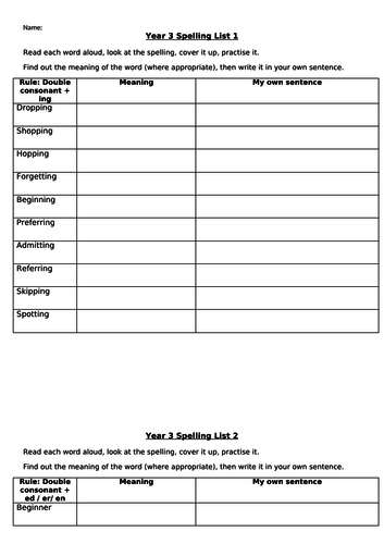 Year 3 Spelling Lists - Covering full Y3 curriculum