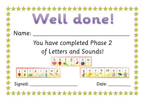 Phonics phase 2, 3, 5 certificates completion