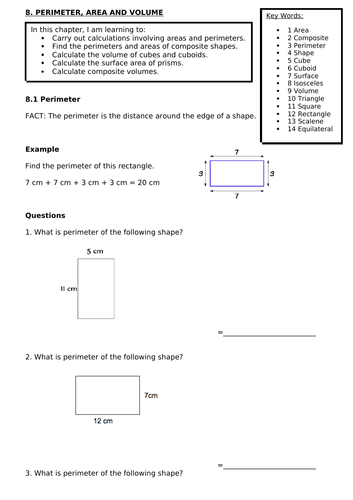 Northern Ireland Maths: Perimeter, Area and Voume Unit: Workbooks and Support Materials