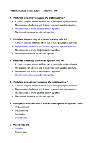 Protein structure MCQs MAQs