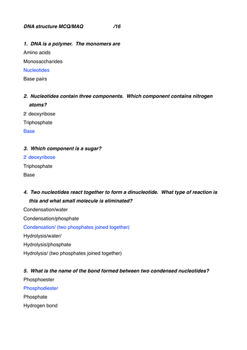 DNA structure & replication MCQs MAQs