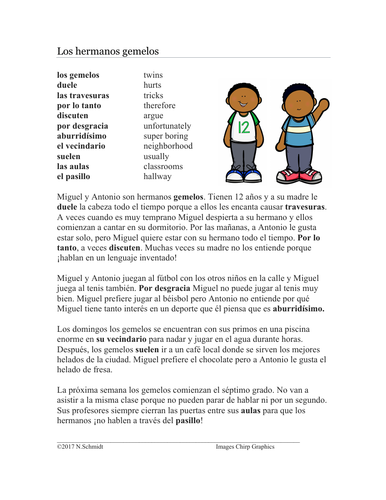 Spanish Boot Verbs / Stem-Changing Verbs Reading: Los Hermanos Gemelos Lectura