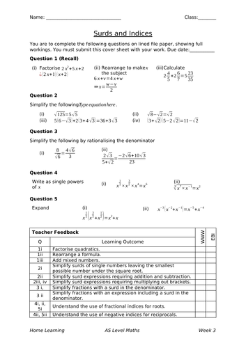 New A Level Maths Homework: Surds and Indices