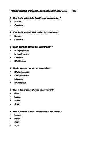Protein synthesis MCQs MAQs