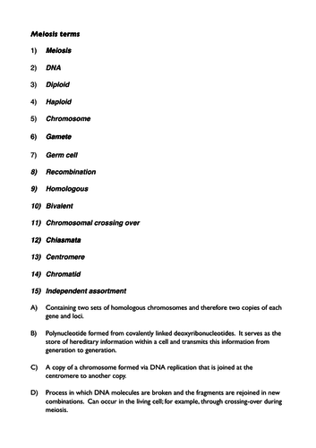 Meiosis matching exercise