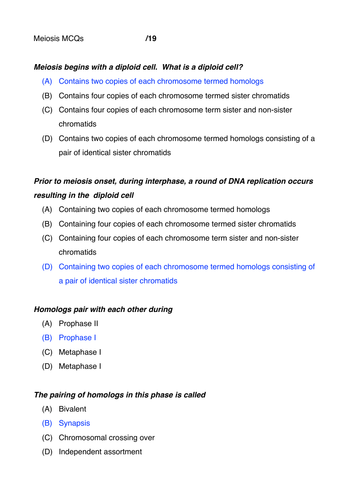 Meiosis MCQs MAQs