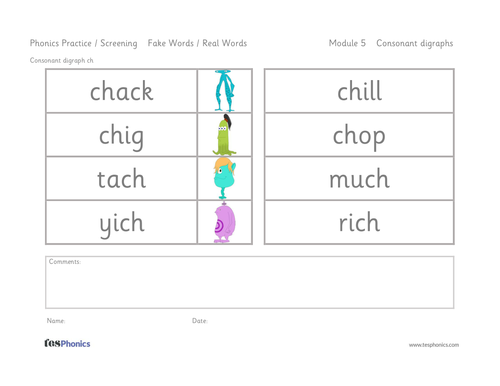 Real and Alien Word List Consonant Digraphs - Phase 3