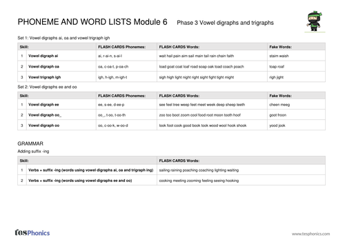Word List Vowel Graphemes (ai, ee, igh, oa, oo) - Phase 3