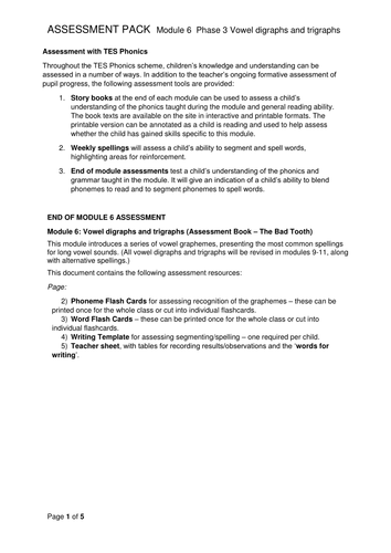 Reading and Writing Assessment Pack - Vowel Digraphs ai, ee, igh, oa, oo - Phase 3