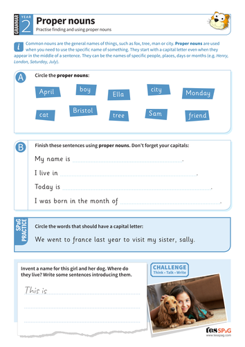 Finding and using proper nouns worksheet - Year 2 Spag