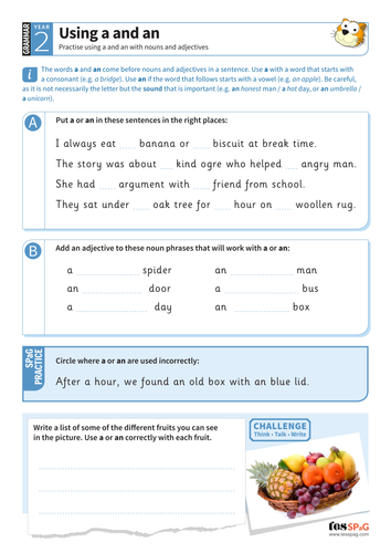 using a and an with nouns and adjectives worksheet year 2 spag teaching resources