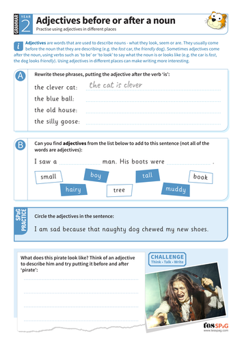 Using adjectives before or after a noun worksheet - Year 2 Spag