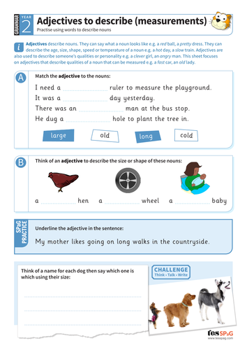 Using adjectives to describe measurements worksheet - Year 2 Spag