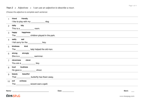 Adjectives Question Sheets - Year 2 Spag